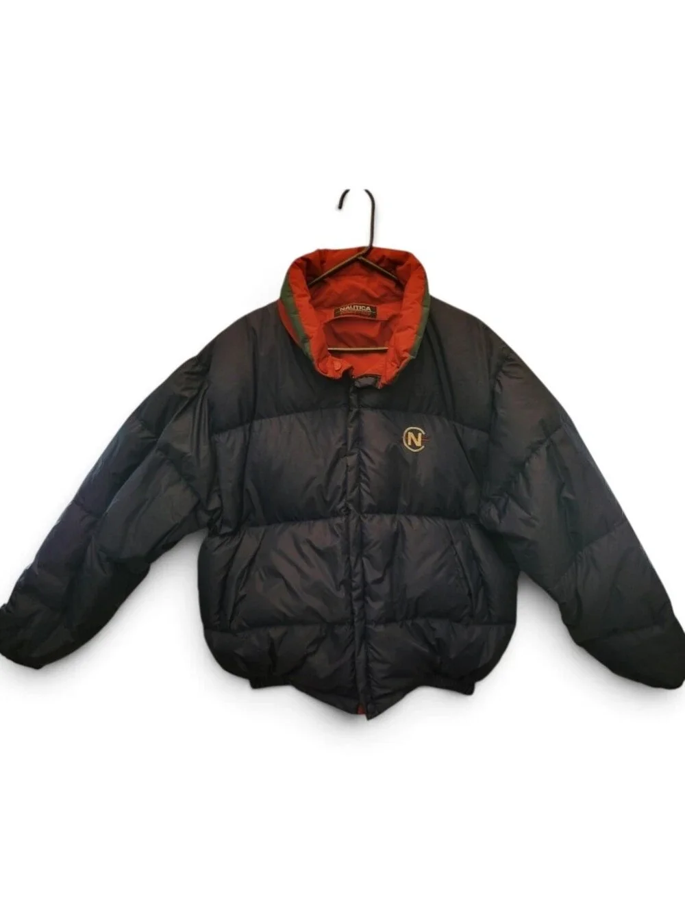 Nautica Red Competition Reversible 100% Down Jacket with Dark Green Stripes